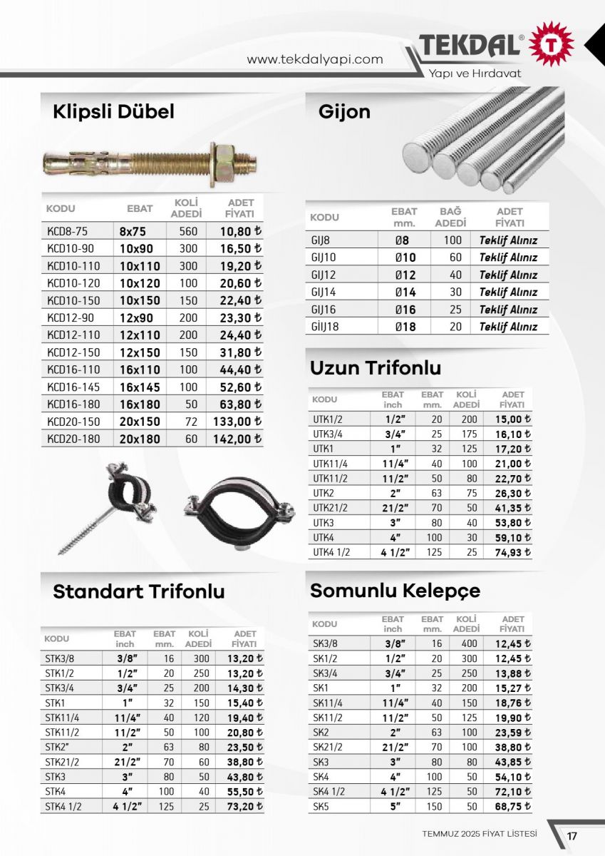 Tekdal Yapı ve Hırdavat Fiyat Listesi