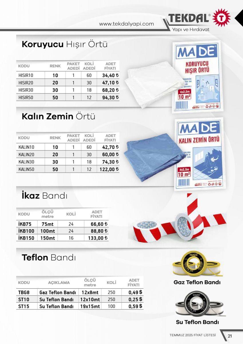 Tekdal Yapı ve Hırdavat Fiyat Listesi