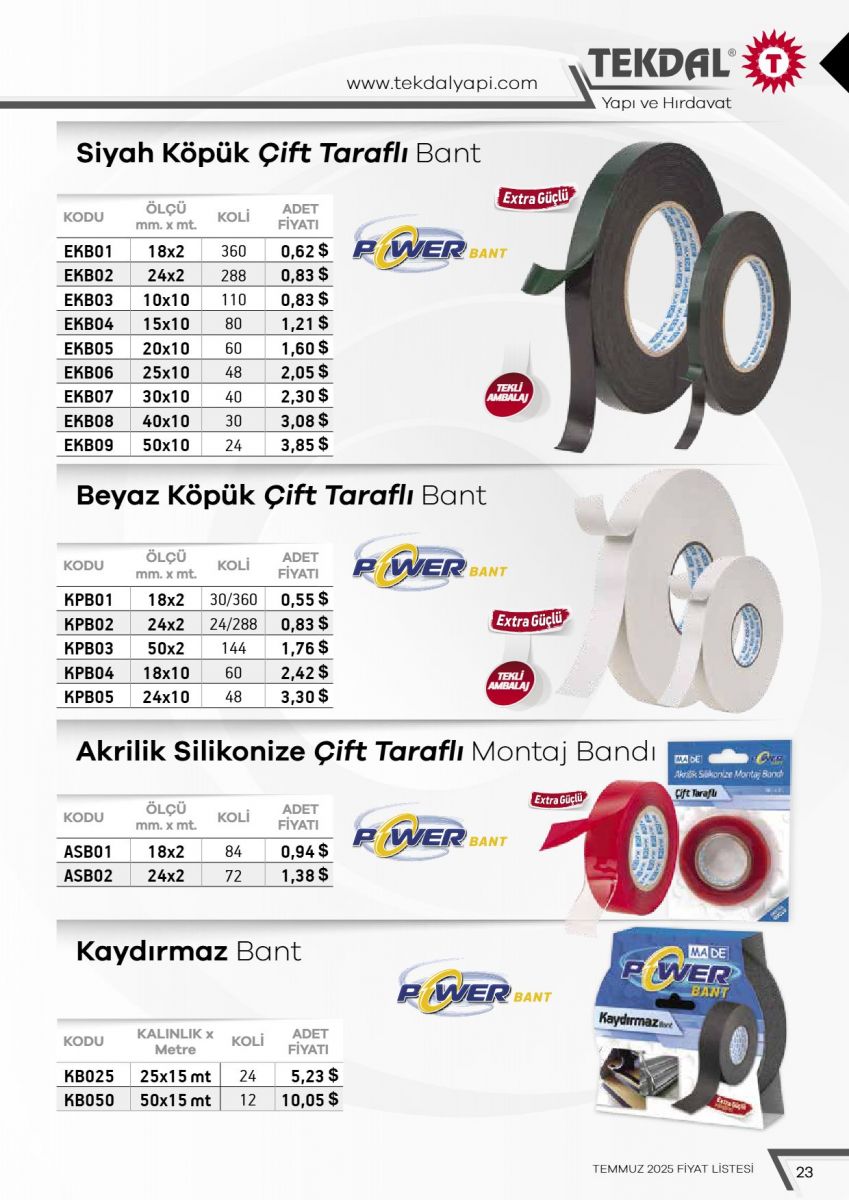 Tekdal Yapı ve Hırdavat Fiyat Listesi