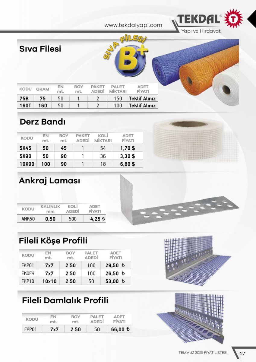 Tekdal Yapı ve Hırdavat Fiyat Listesi