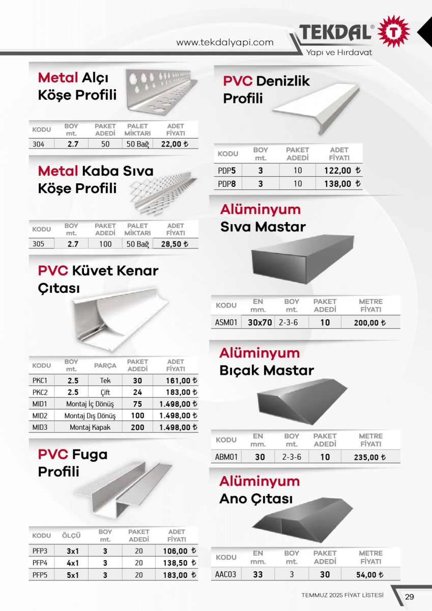Tekdal Yapı ve Hırdavat Fiyat Listesi