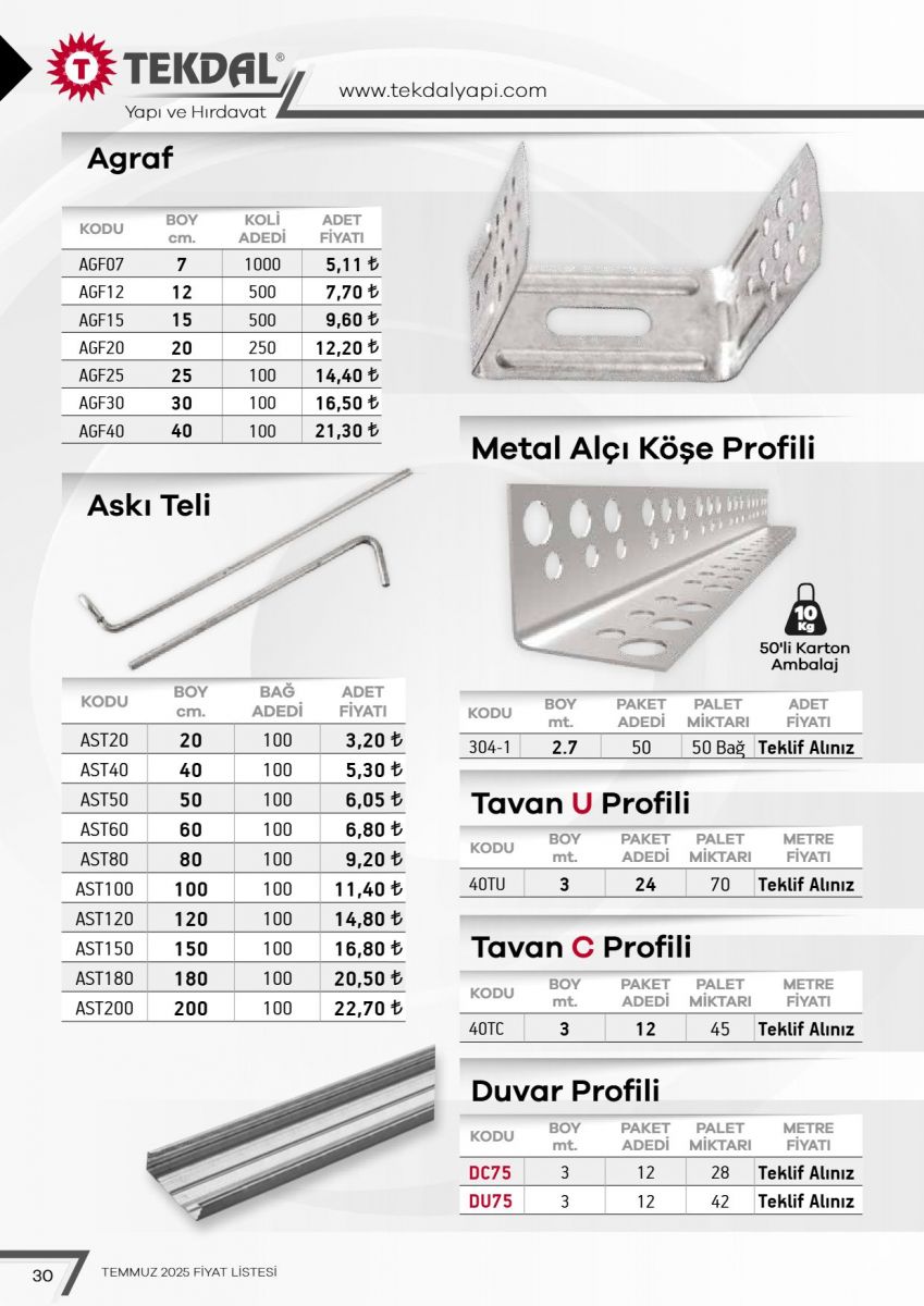 Tekdal Yapı ve Hırdavat Fiyat Listesi