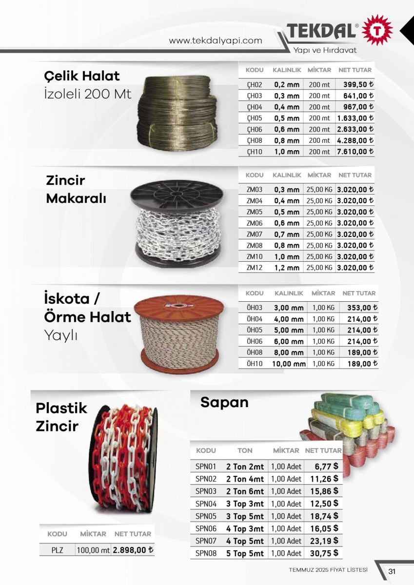 Tekdal Yapı ve Hırdavat Fiyat Listesi