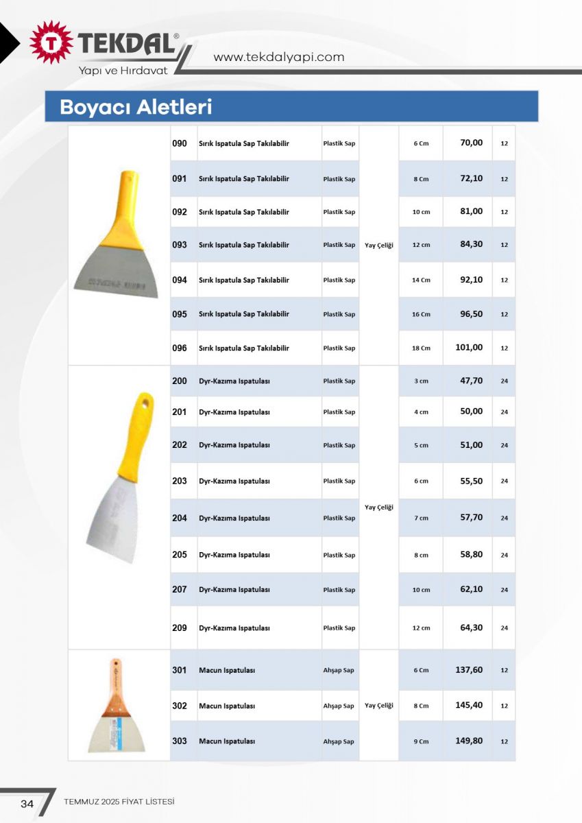 Tekdal Yapı ve Hırdavat Fiyat Listesi