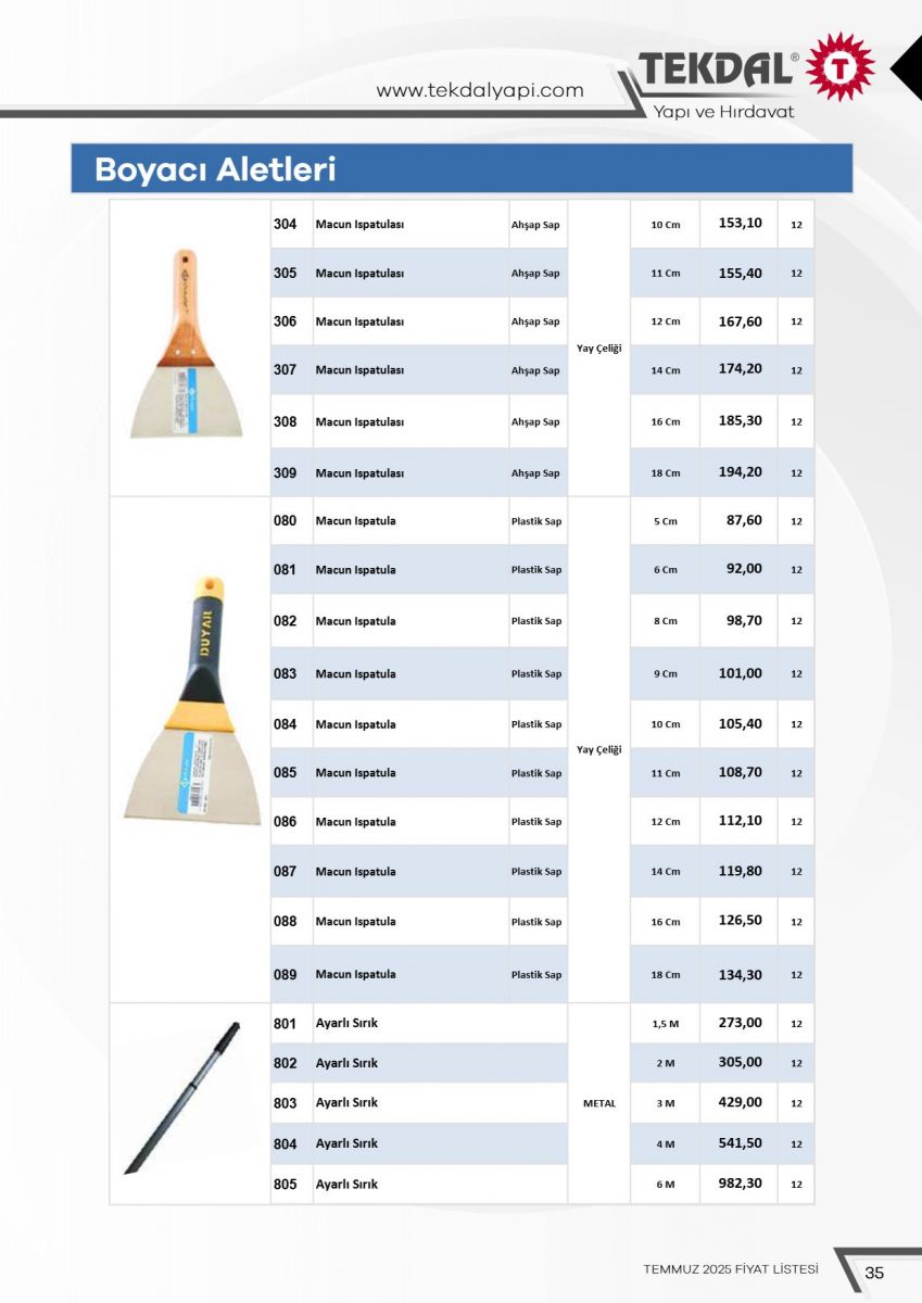 Tekdal Yapı ve Hırdavat Fiyat Listesi