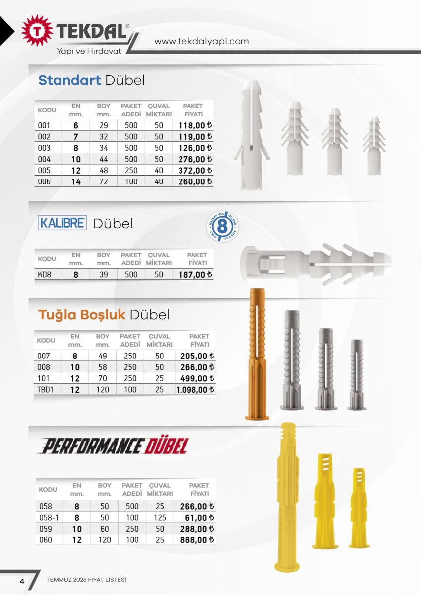 Tekdal Yapı ve Hırdavat Fiyat Listesi