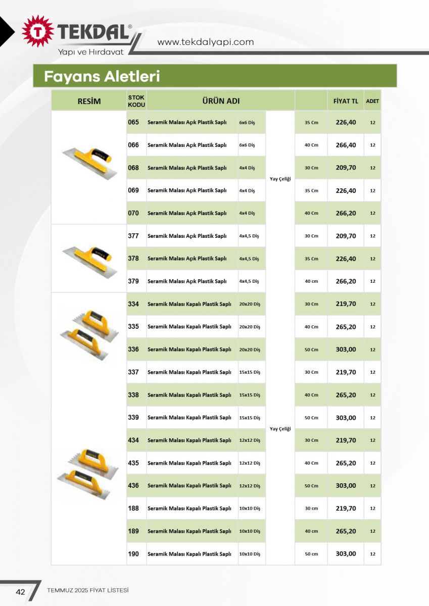 Tekdal Yapı ve Hırdavat Fiyat Listesi