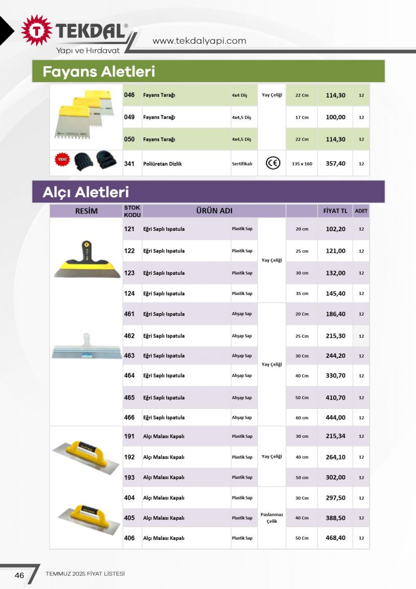 Tekdal Yapı ve Hırdavat Fiyat Listesi