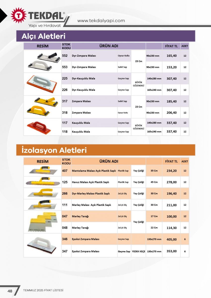Tekdal Yapı ve Hırdavat Fiyat Listesi