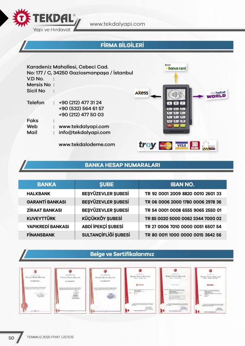 Tekdal Yapı ve Hırdavat Fiyat Listesi