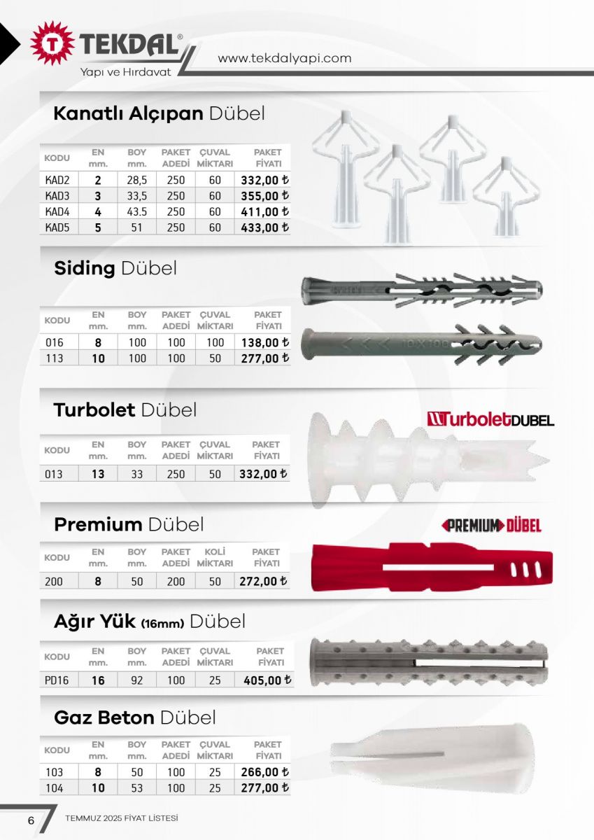 Tekdal Yapı ve Hırdavat Fiyat Listesi